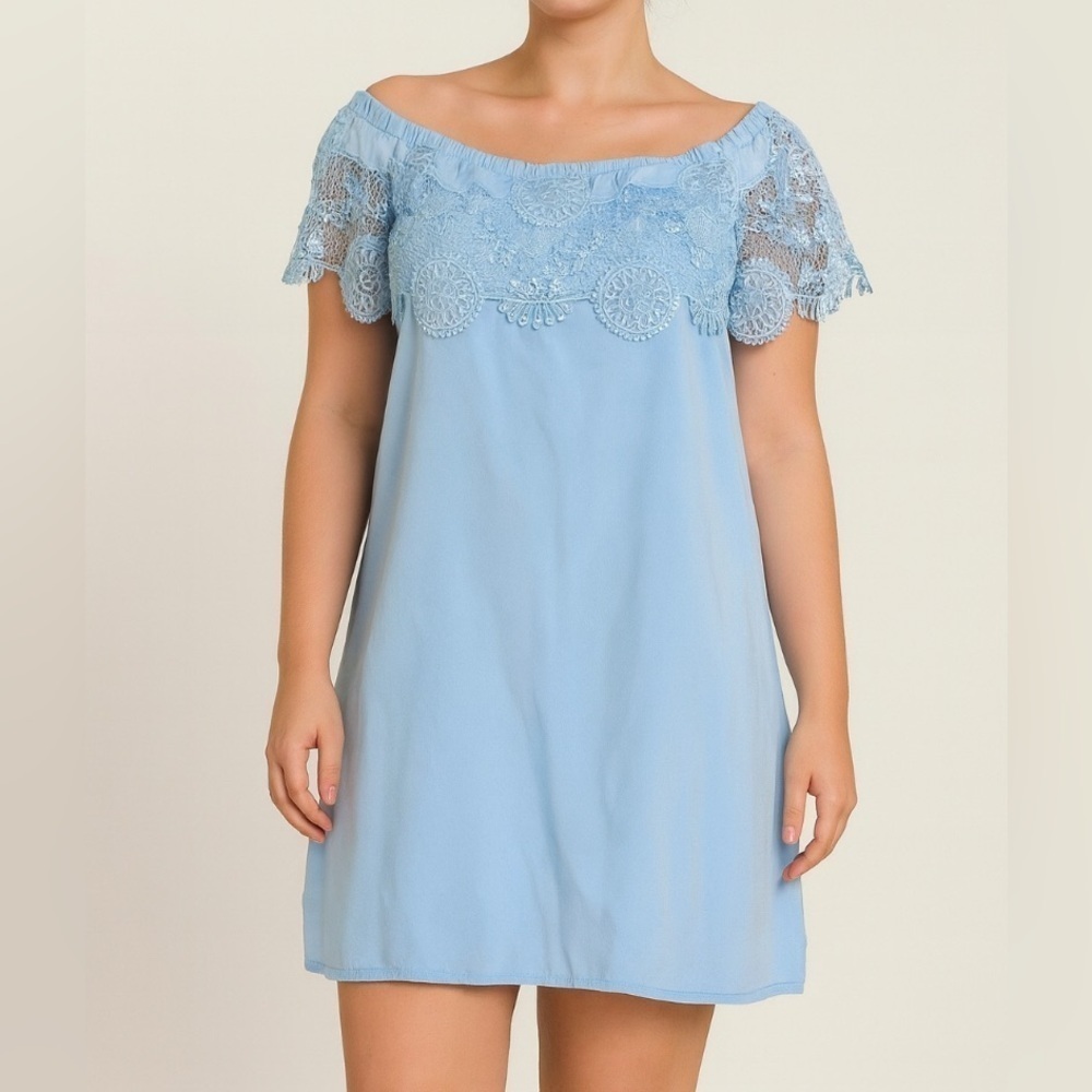 Dina Be. dress off shoulder lace top square boxy baby blue SZ L*